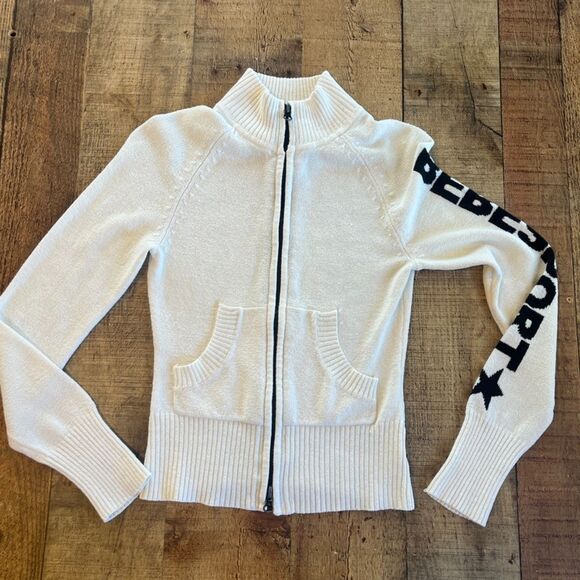 Bebe Sport Vintage Y2k Full Zip Mock Neck Sweater Pockets Spell Out Sleeve - Picture 7 of 9